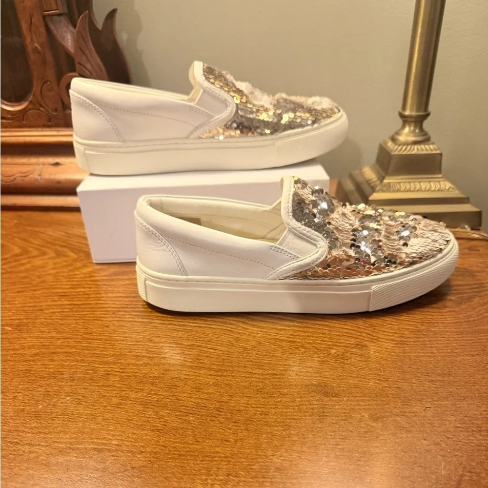 Tory Burch Carter Leather Slip-On Sneaker US 5.5 Sparkle Gold/Snow White $248